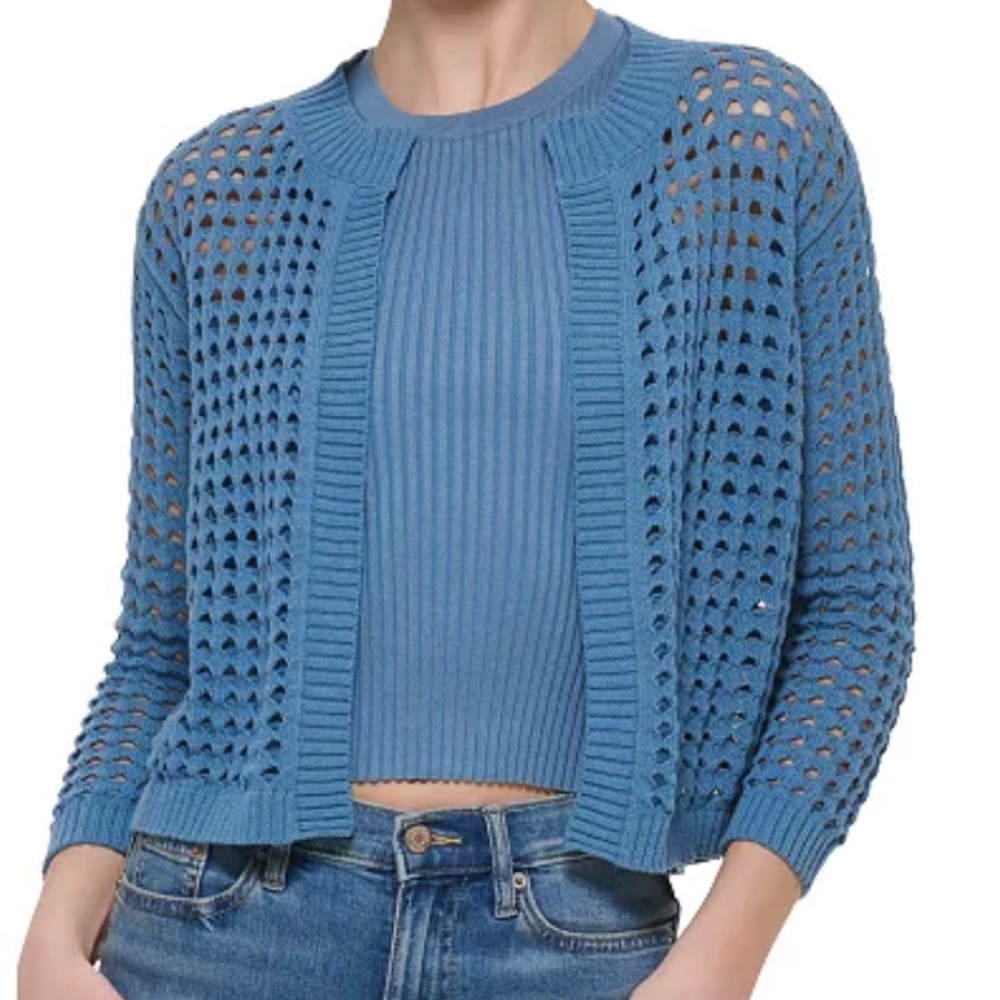 Calvin Klein Women's Cotton Open-Stitch Cardigan Sweater - sz L - clr BLACK